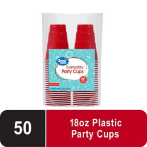 Great Value Disposable Plastic Party Cups, Red, 18 oz, 50 Count