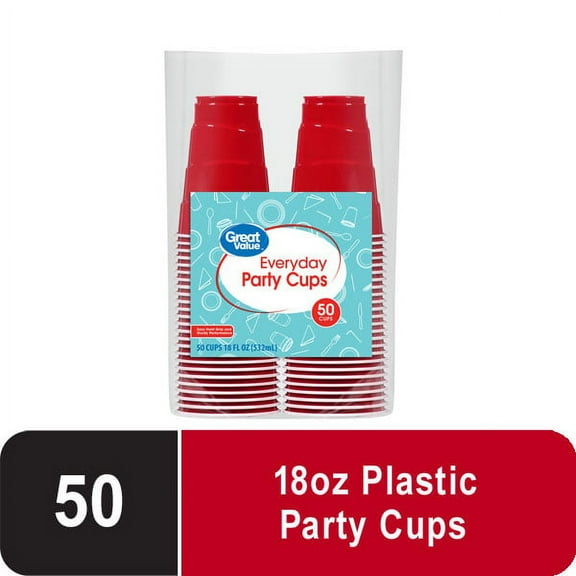 Great Value Disposable Plastic Party Cups, Red, 18 oz, 50 Count
