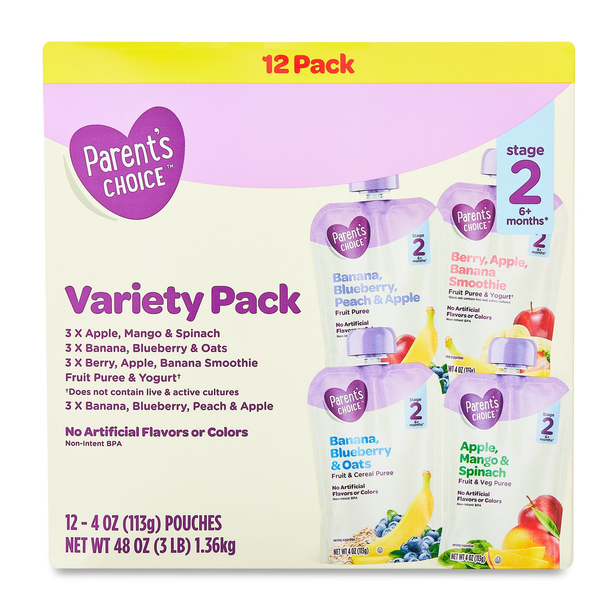 Parent’s Choice Stage 2 Baby Food, Variety Pack, 4 oz Pouch, (12 Pack)