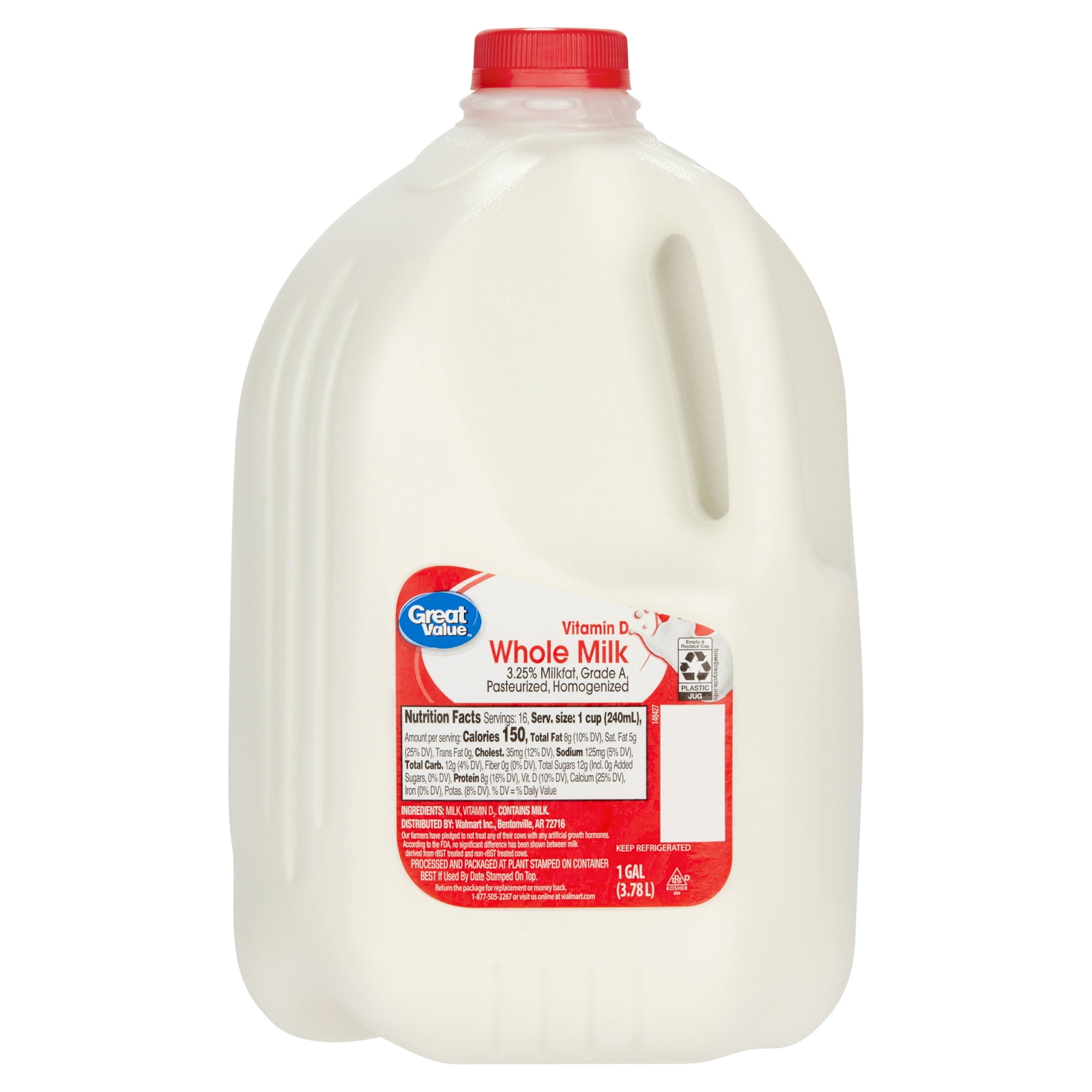 Great Value Whole Vitamin D Milk, Gallon, Plastic, Jug, 128 fl oz