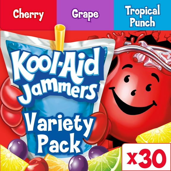 Kool Aid Jammers Variety Pack with Tropical Punch, Grape & Cherry Kids Drink 0% Juice Box Pouches, 30 Ct Box, 6 fl oz Pouches, Crisp, Light, Thin